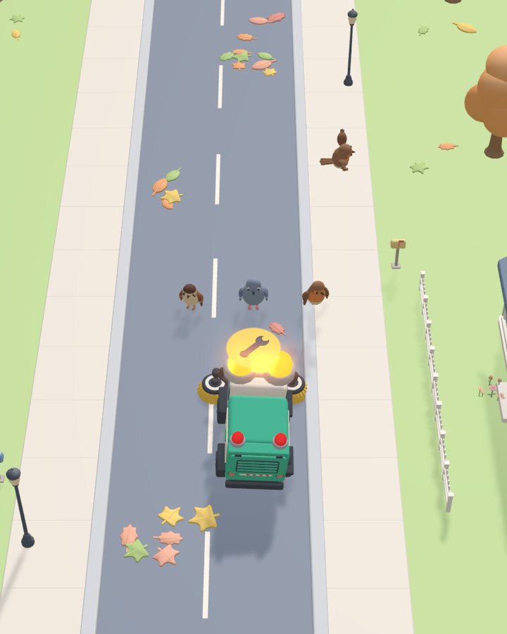 A green sweeper truck driving down a leafy street in City Cleanup Crew, with three small birds on the road ahead